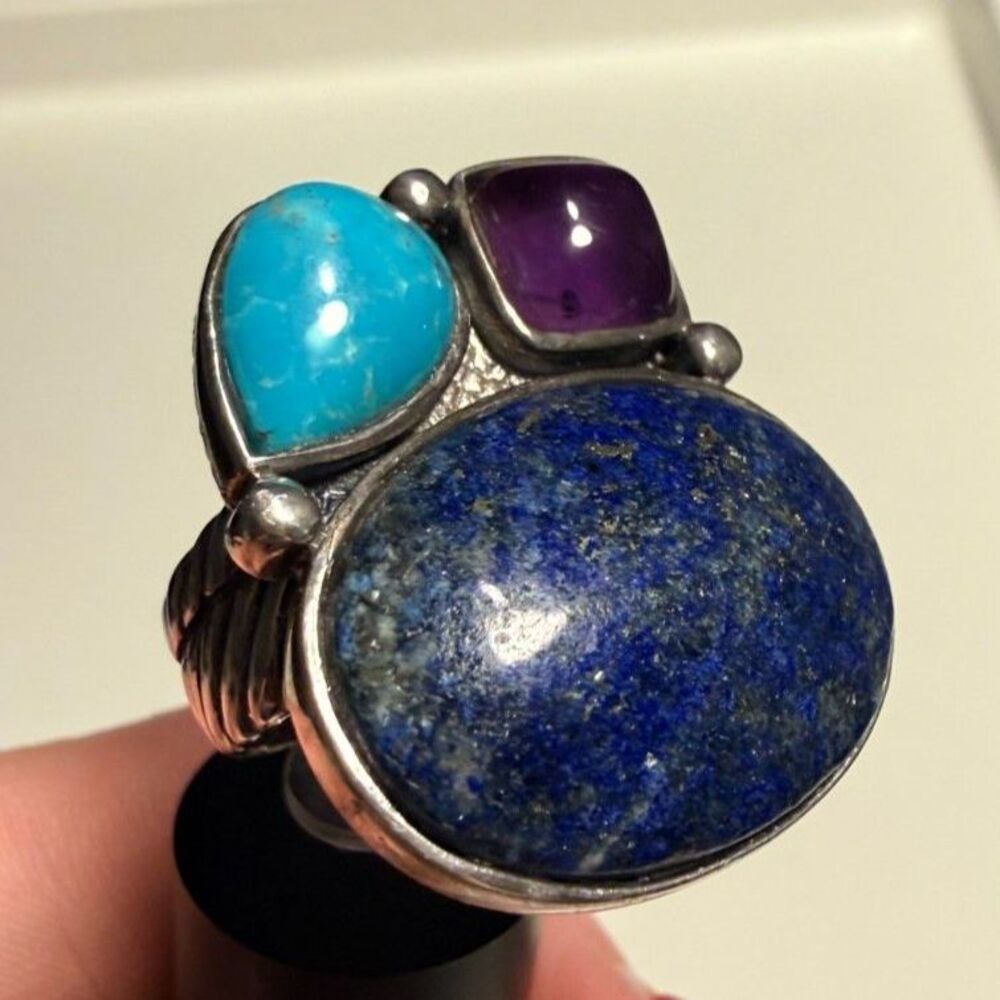 Amy Kahn Russell 925 Gemstone Statement Ring Lapis Turquoise Amethyst size 7.5